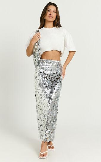 Sinclair Midi Skirt - Sequin Column Skirt in Silver Product Image