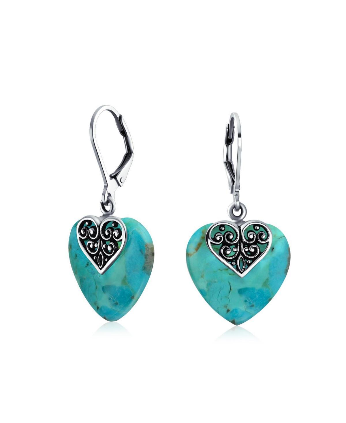 Bling Jewelry Boho Bali Style Scroll Filigree Blue Natural Turquoise Heart Shaped Dangling Earrings For Women Oxidized Sterling Silver Lever back - Bl Product Image