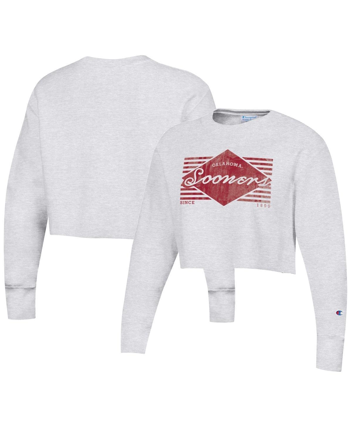 Womens Champion Heather Gray Distressed Oklahoma Sooners Reverse WeaveCropped Pullover Sweatshirt Product Image