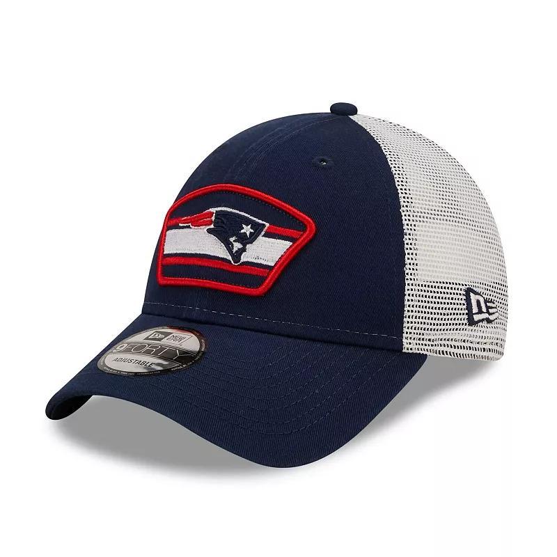 Mens New Era /White New England Patriots Logo Patch Trucker 9FORTY Snapback Hat, Blue Product Image