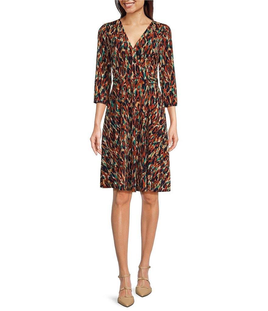 Leslie Fay Printed Surplice V-Neck 3/4 Sleeves Tab Waist Dress Product Image