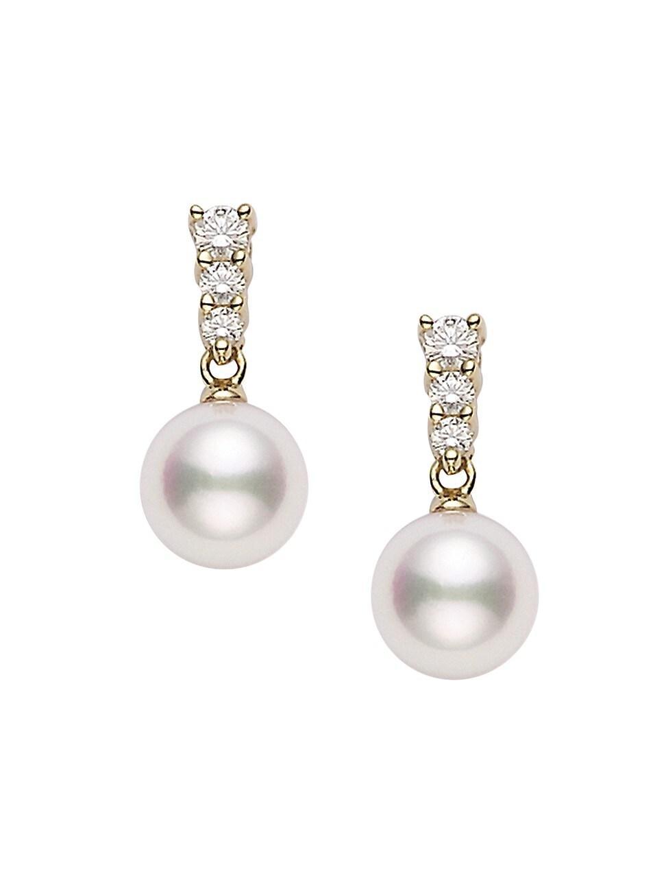 Womens Morning Dew 18K Yellow Gold, 8MM White Cultured Pearl & Diamond Drop Earrings Product Image