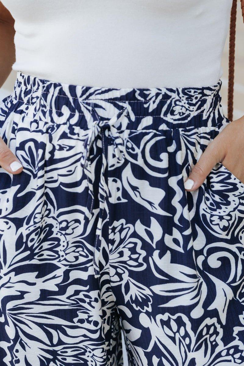 Navy Print Elastic Waist Wide Leg Pants - FINAL SALE Product Image