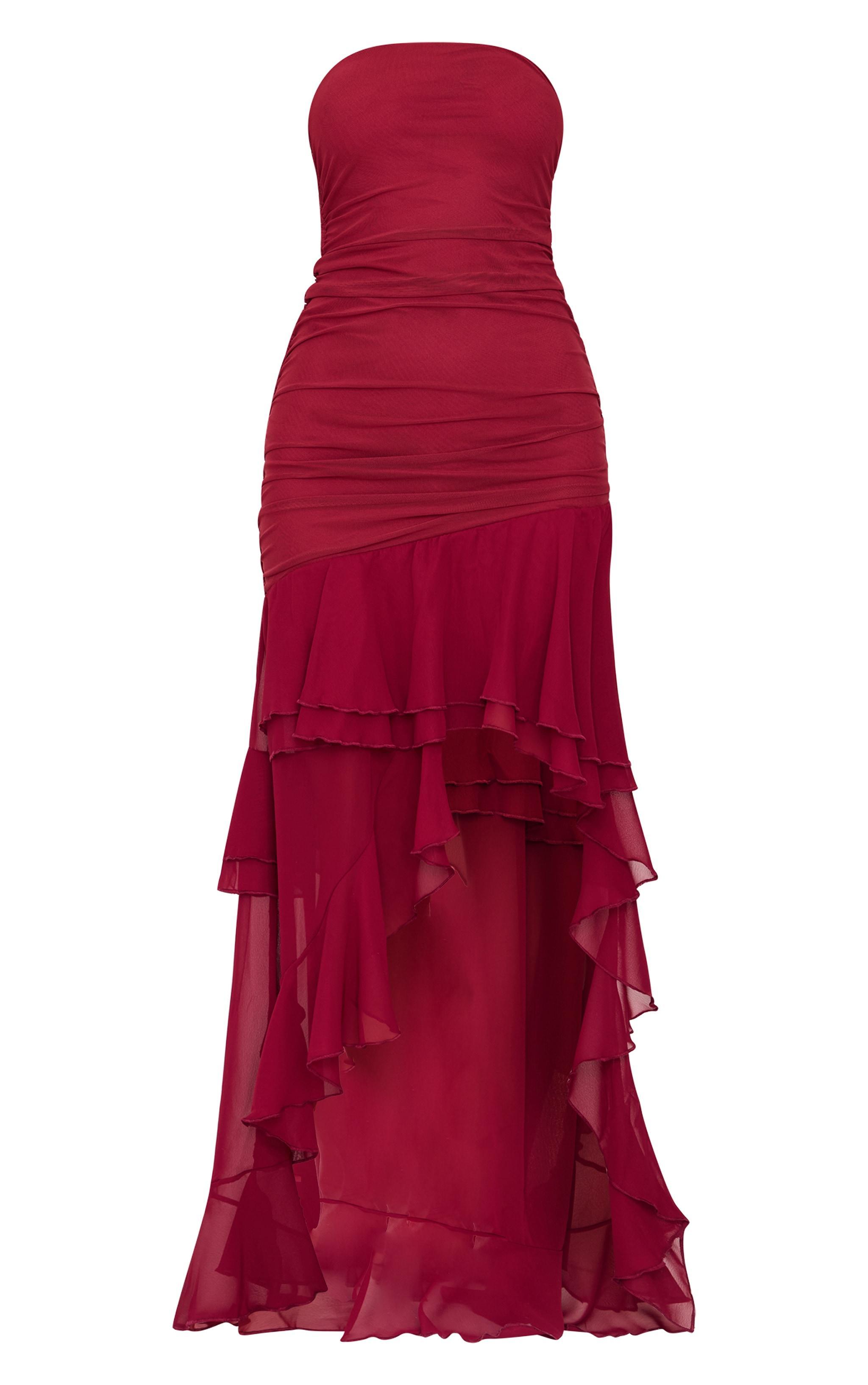 Burgundy Mesh Ruffle Detail Maxi Dress Product Image