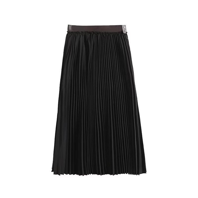 High Rise Faux Leather Panel Accordion Pleated Midi A-Line Skirt product image