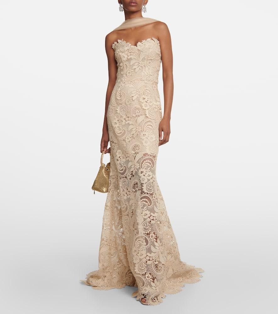 Off-shoulder Lace Gown With Draped Tulle Detail In Alabaster Product Image