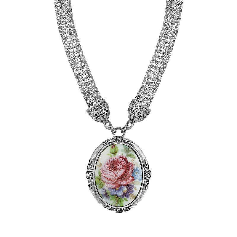 1928 Siver Tone Oval Floral Pendant Necklace with Mesh Chain, Womens, Pink Product Image