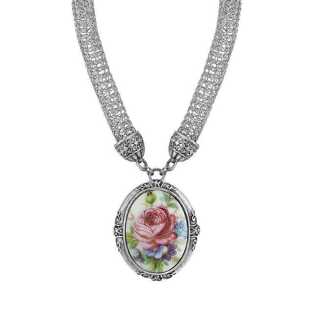 1928 Siver Tone Oval Floral Pendant Necklace with Mesh Chain, Womens, Pink Product Image