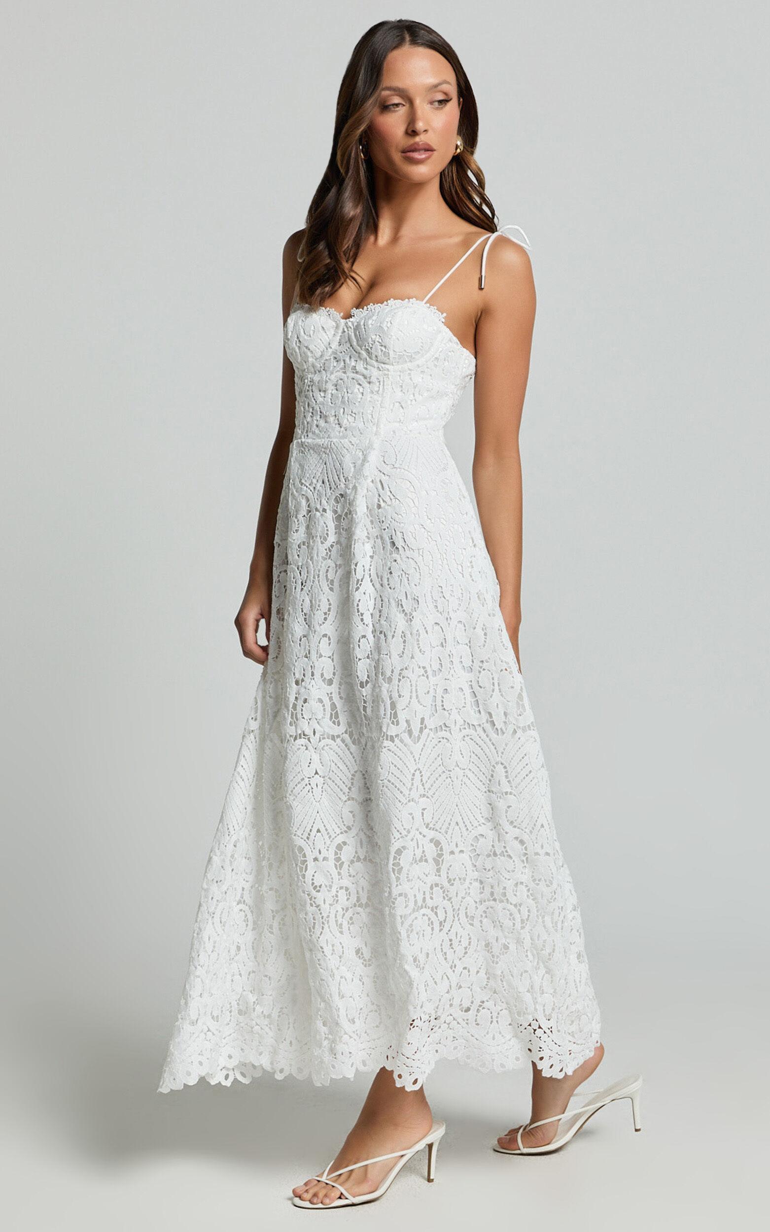 Leanne Midi Dress - Tie Shoulder Corset Lace Dress in White Product Image