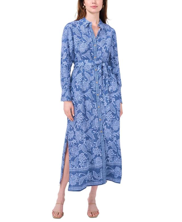 Msk Womens Floral Belted Long-Sleeve Maxi Shirtdress - Denim Product Image