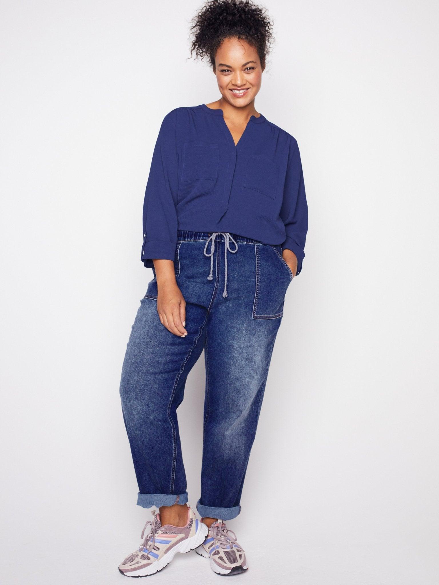 Westport Knit Denim Weekender Pant with Pockets and Drawstring Waist  - Plus Product Image