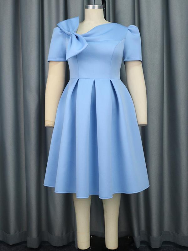 Solid Color Bowknot High-Waisted Tied Waist A-Line Midi Dresses Product Image