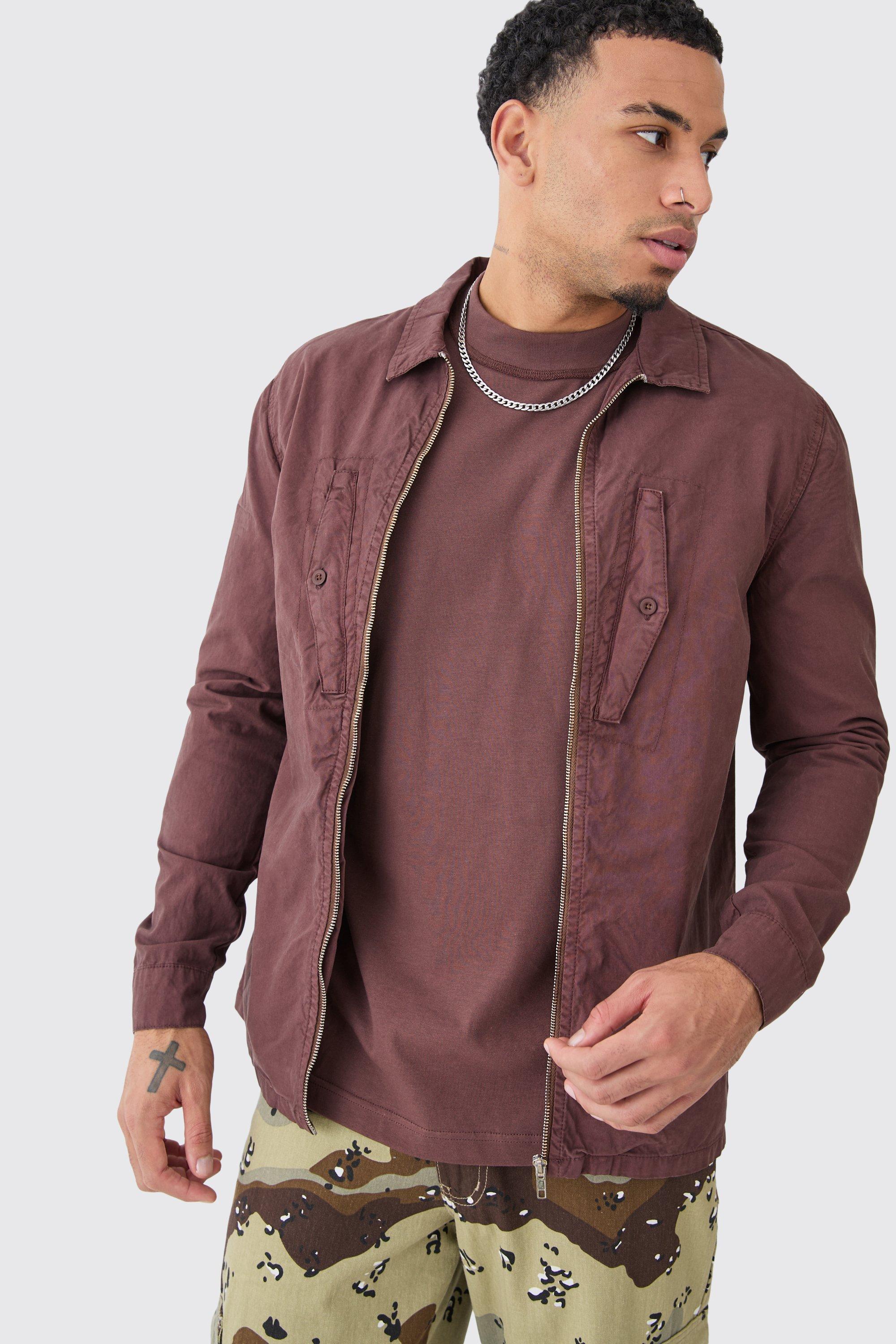 Zip Through Washed Long Sleeve Twill Shirt | boohooMAN USA product image