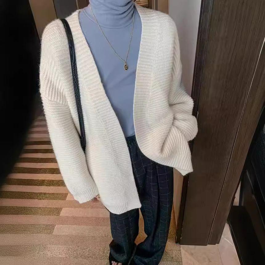 Drop-Shoulder Plain Ribbed Cardigan Product Image