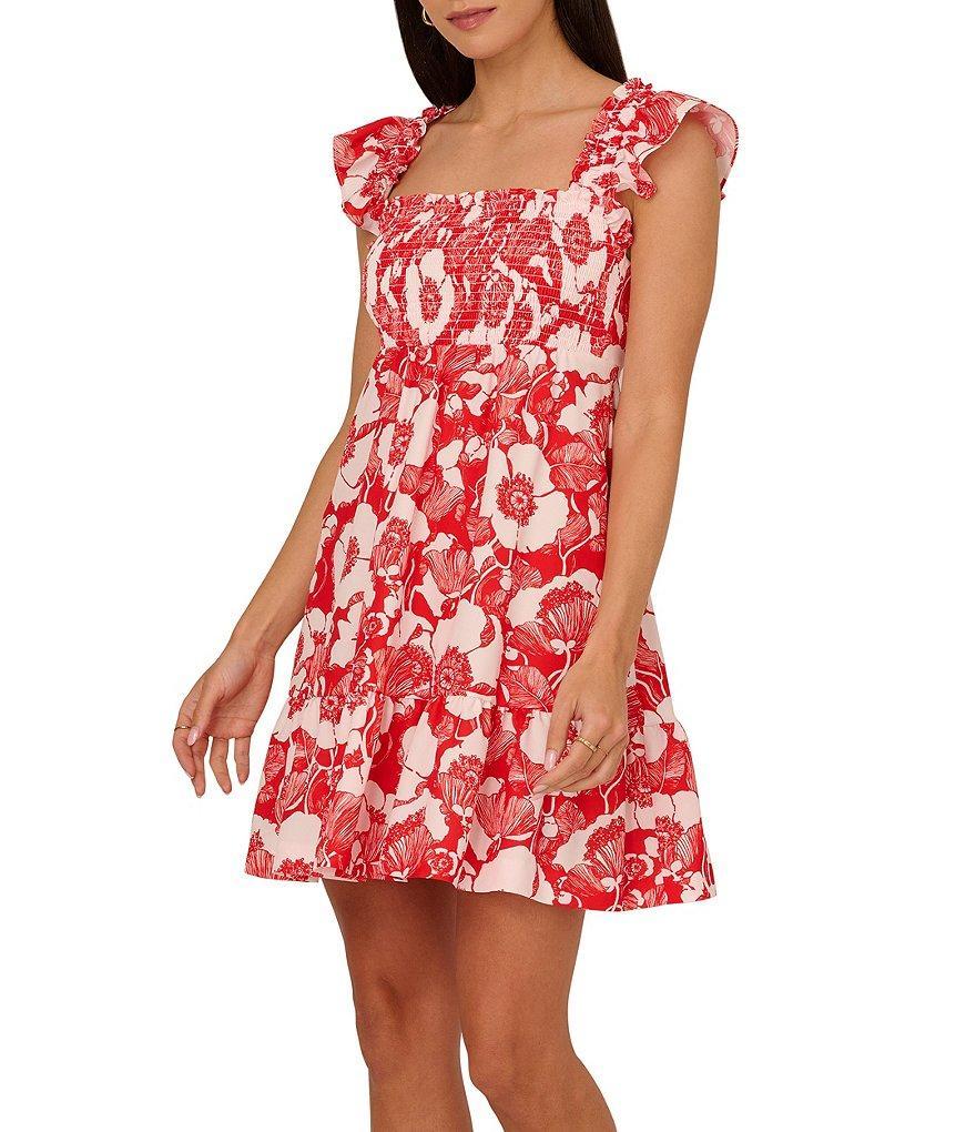 Adrianna by Adrianna Papell Floral Print Square Neck Flutter Sleeve Smocked Mini Dress Product Image