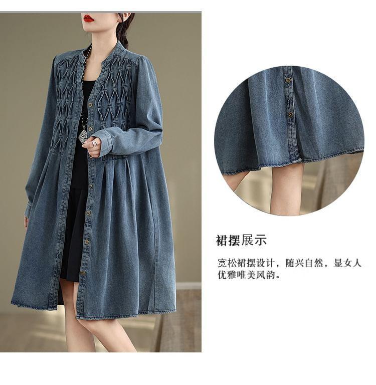 Long Sleeve Stand Collar Loose Denim Shirt Dress Product Image