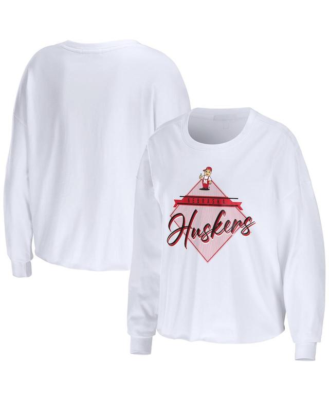 Womens Wear by Erin Andrews White Nebraska Huskers Diamond Long Sleeve Cropped T-shirt Product Image