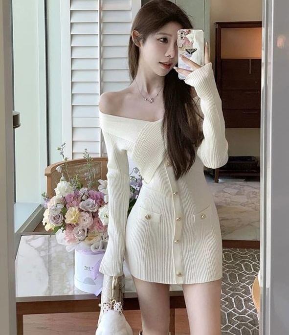 Long-Sleeve V-Neck Button-Up Plain Knit Mini Bodycon Dress Product Image