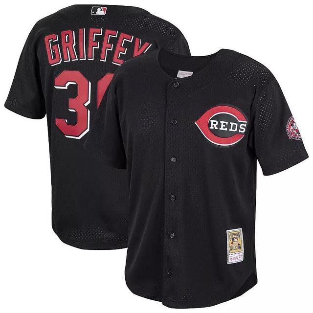 Mens Mitchell & Ness Ken Griffey Jr. Black Cincinnati Reds Cooperstown Collection Mesh Batting Practice Button-Up Jersey Product Image