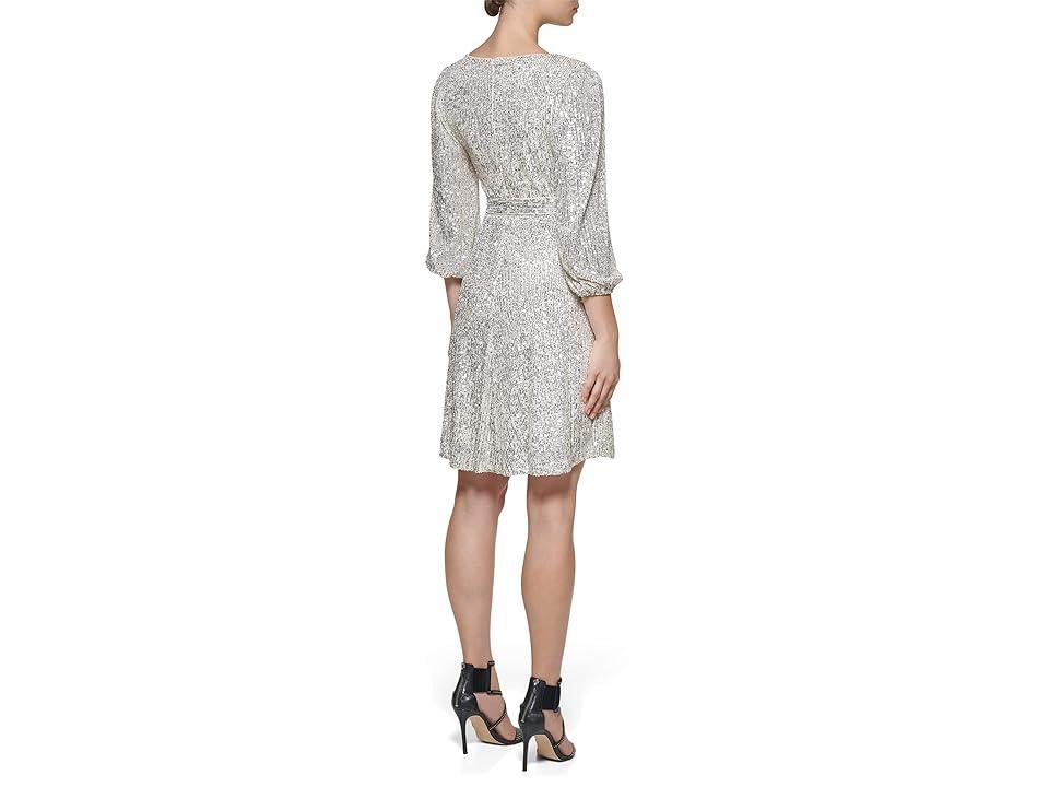 DKNY Long Sleeve Sequin Surplice Faux Wrap Women's Dress Product Image