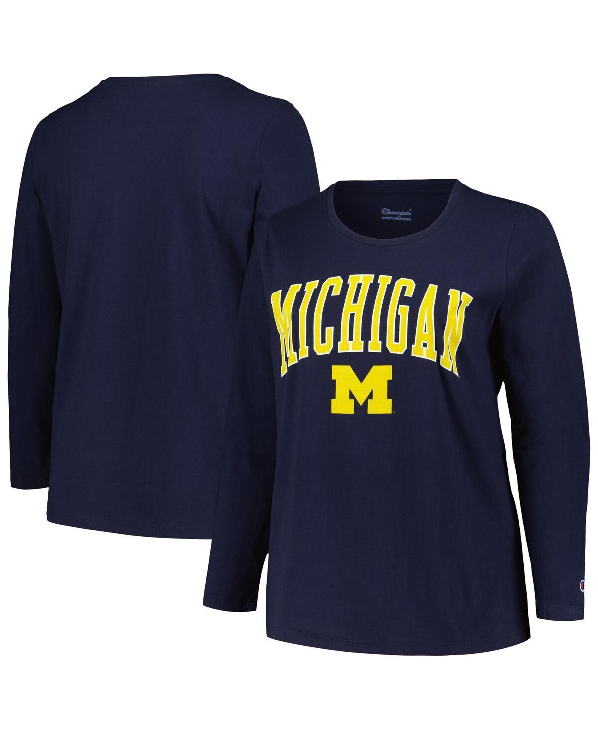 Womens Profile Navy Michigan Wolverines Plus Size Arch Over Logo Scoop Neck Long Sleeve T-shirt Product Image