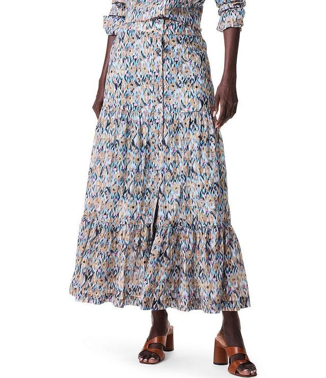 NIC + ZOE Up Beat Woven Ikat Print High Rise Button Front Tiered A-Line Midi Skirt Product Image