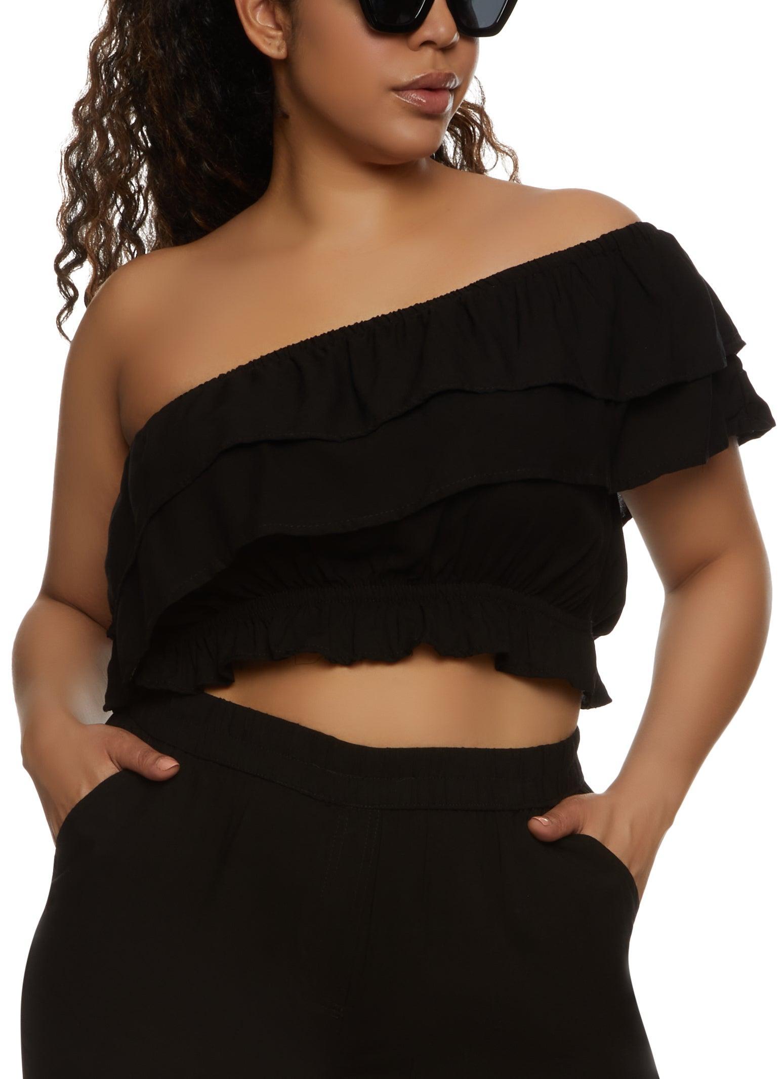 Womens Plus Size Tiered Ruffled One Shoulder Crop Top product image