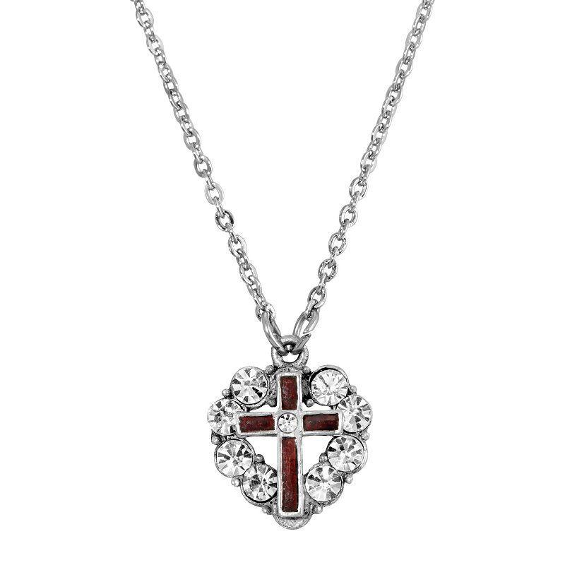 Symbols of Faith Silver-Tone Enamel Heart Cross Necklace, Womens, Red Product Image