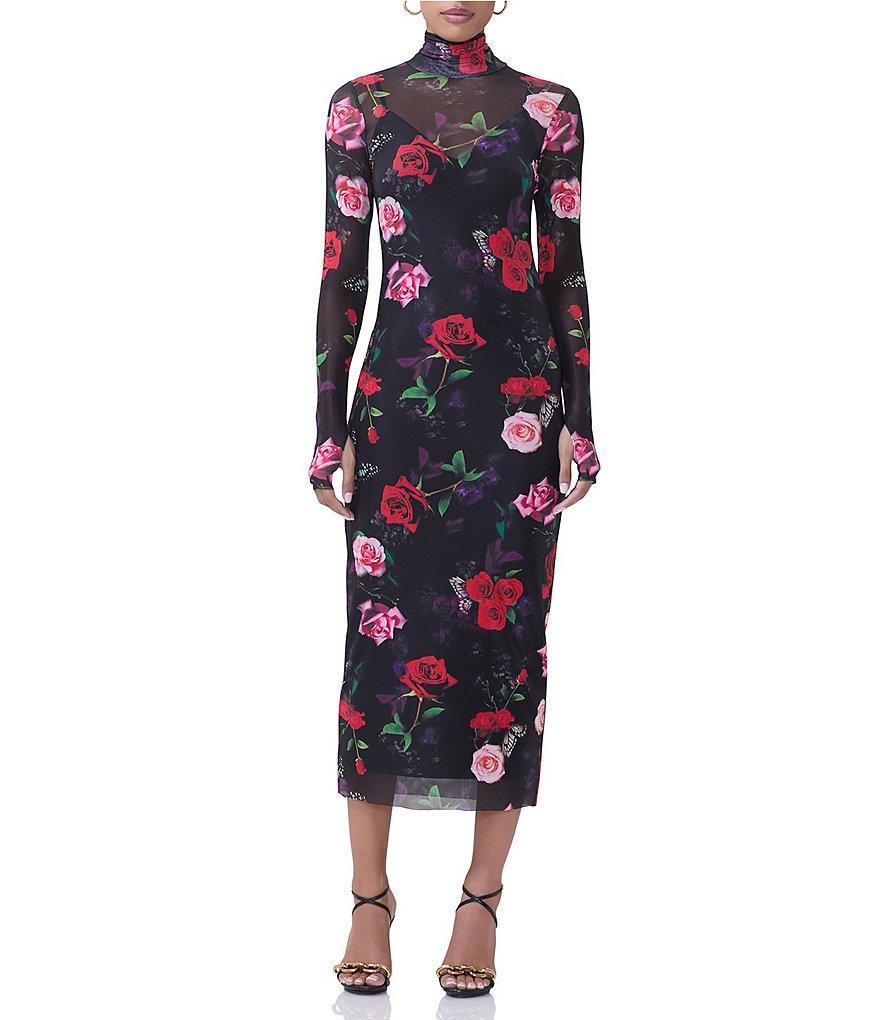 AFRM Shailene Printed Mesh Turtleneck Long Sleeve Midi Dress Product Image