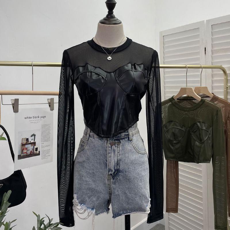 Long Sleeve Crew Neck Faux Leather Panel Cropped Top Product Image