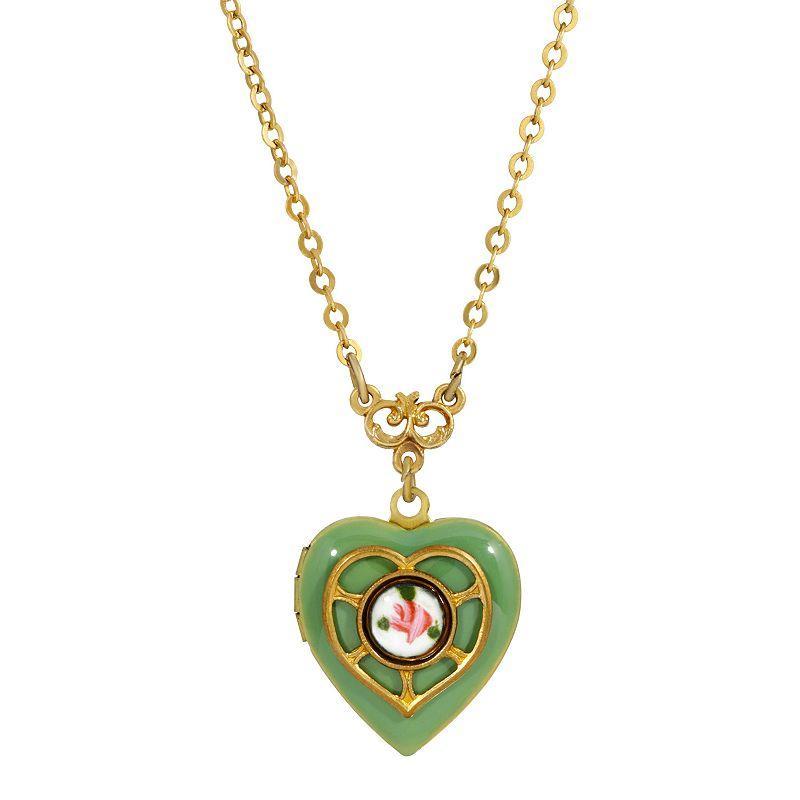 1928 Gold Tone Enamel Floral Heart Locket Necklace, Womens, Blue Product Image