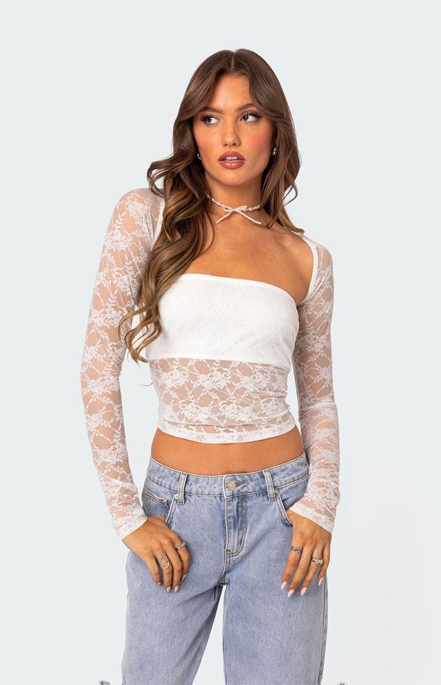 Edikted Women's Addison Sheer Lace Tube Top & Shrug Two Piece Set Product Image