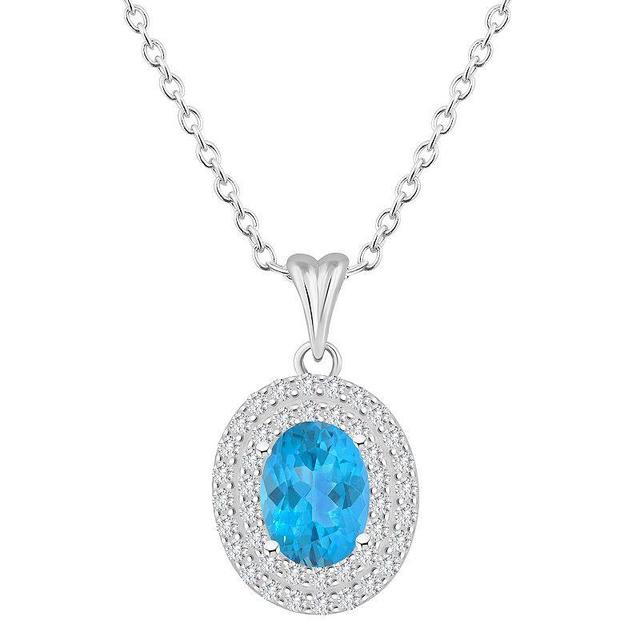 Celebration Gems Sterling Silver Oval-Cut Swiss Blue Topaz & White Topaz Double Halo Pendant Necklace, Womens Product Image