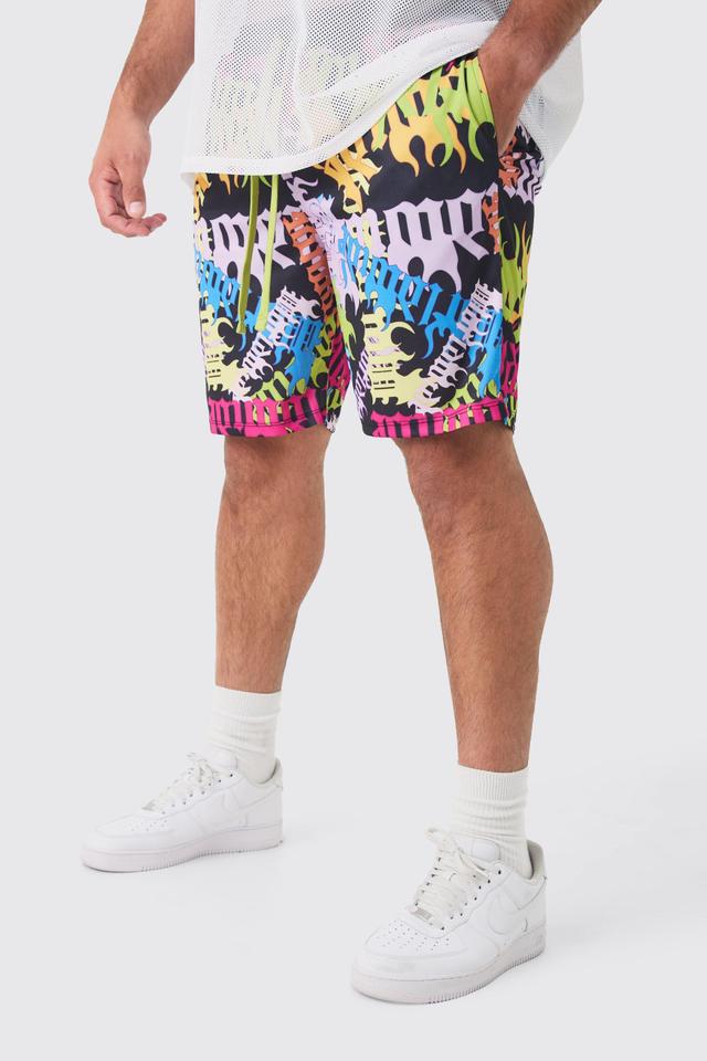 Plus Worldwide Graffiti Mid Length Mesh Basketball Shorts | boohooMAN USA Product Image