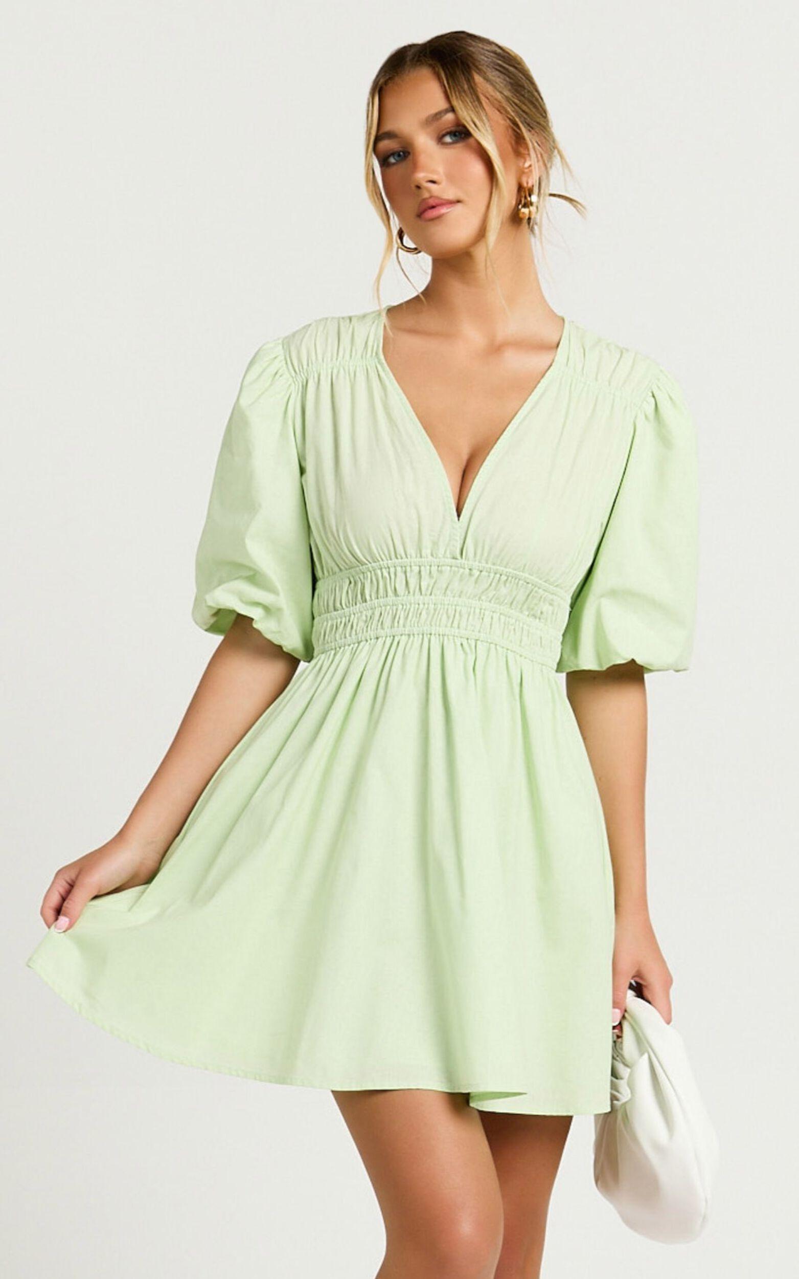 Francesca V Neck Puff Sleeves Mini Dress in Green Product Image