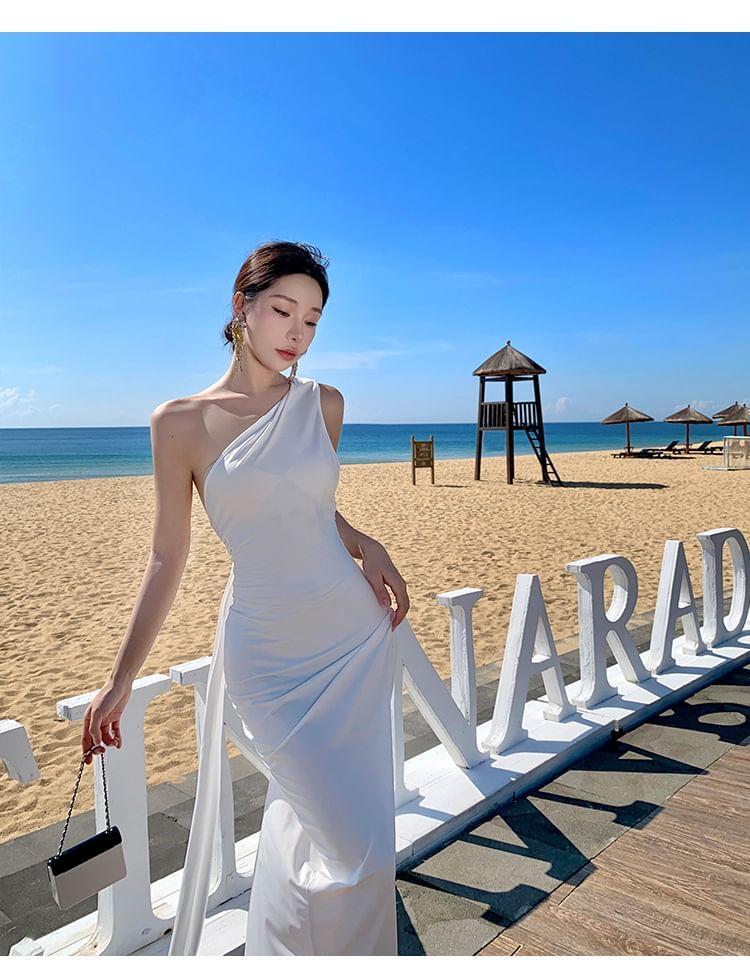 One-Shoulder Plain Shirred Maxi Bodycon Dress Product Image