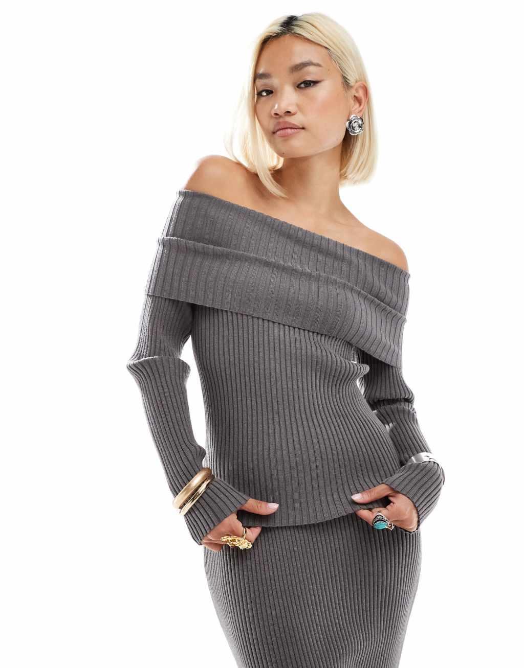 Glamorous off shoulder rib knit sweater in charcoal - part of a set Product Image