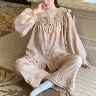 Pajama Set: Long Sleeve Square Neck Embroidered Ruffle Panel Blouse + High Waist Straight Leg Pants Product Image