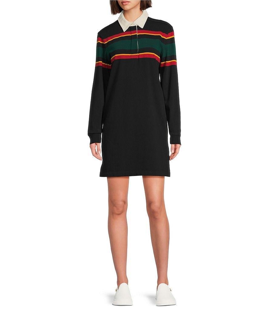 Pendleton Knit Collared Long Sleeve Rugby Stripe Dress Product Image