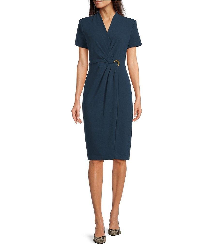 Donna Karan Short Sleeve V-Neck Front Slit Hardware Embellished Sheath Dress Product Image