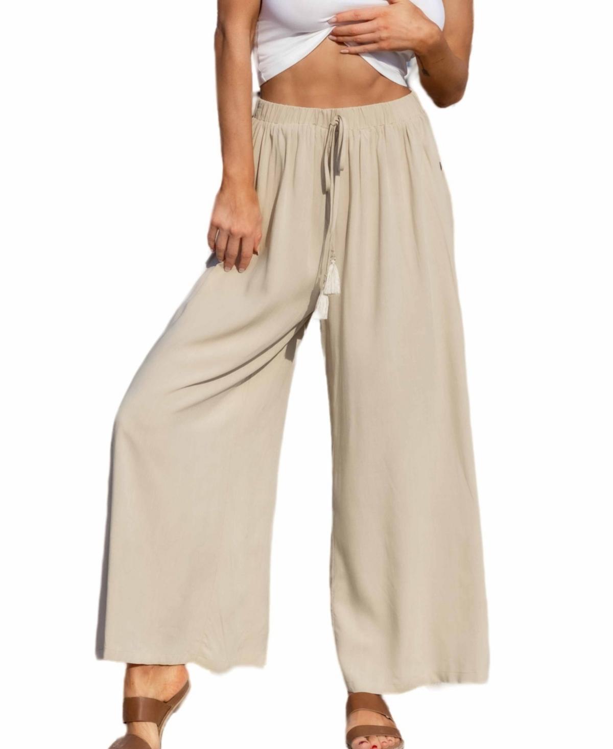 Womens Tassel Lace-Up Side Button Pants - Beige Product Image