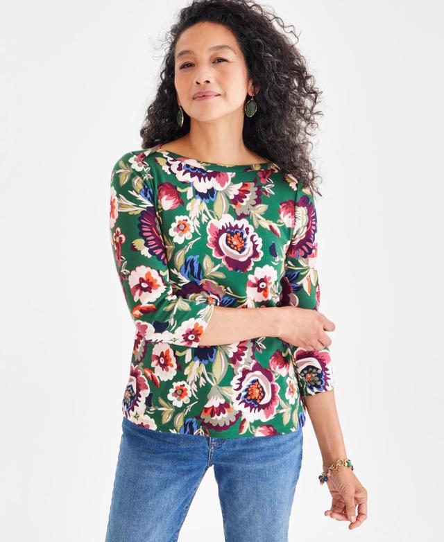 Style & Co Womens Printed Pima Cotton 3/4-Sleeve Top, Created for Macys Product Image