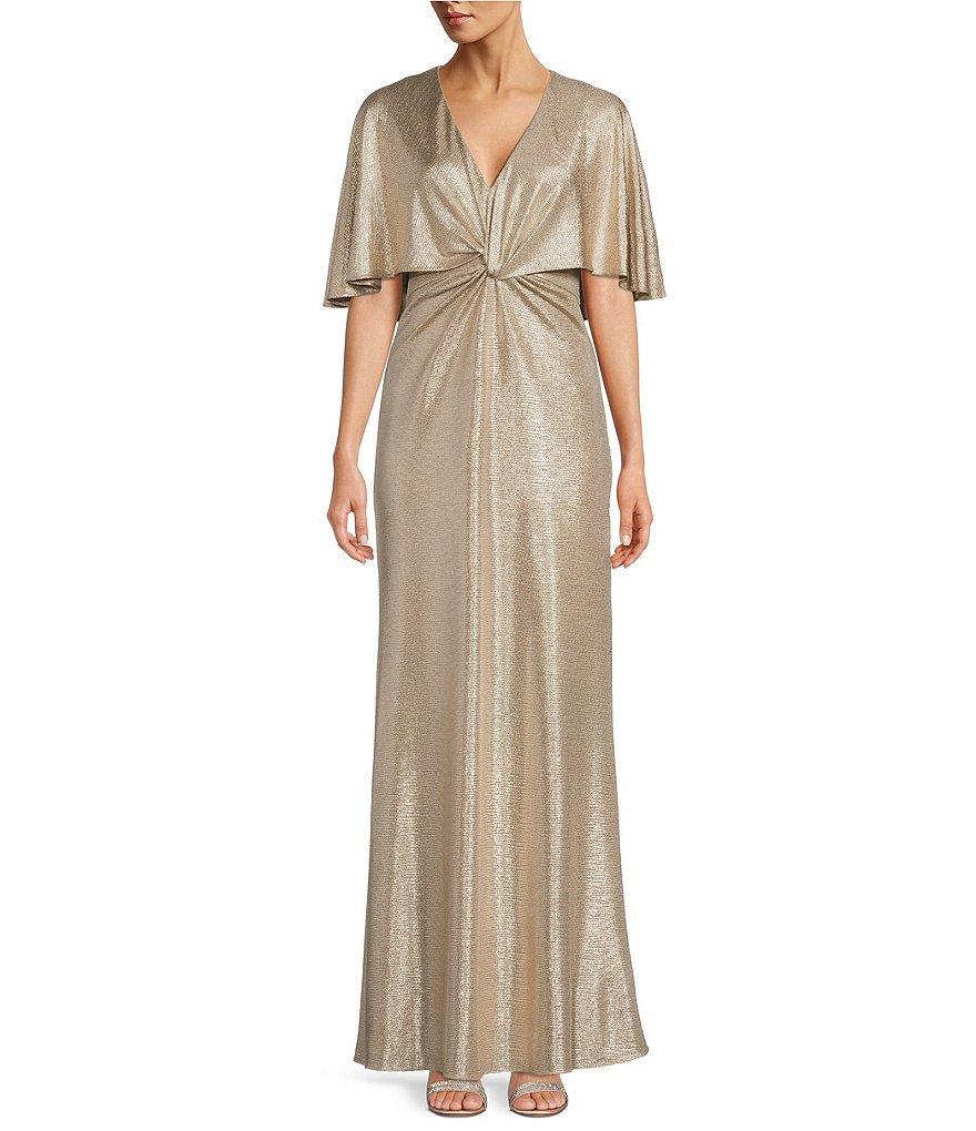 Lauren Ralph Lauren Metallic V-Neck Sleeveless Cape Overlay Gown Product Image