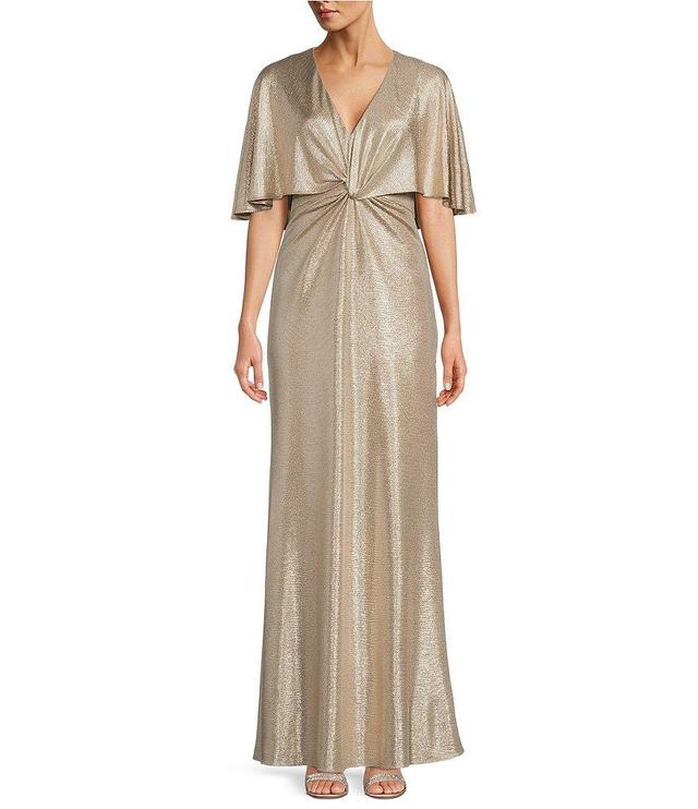 Lauren Ralph Lauren Metallic V-Neck Sleeveless Cape Overlay Gown Product Image