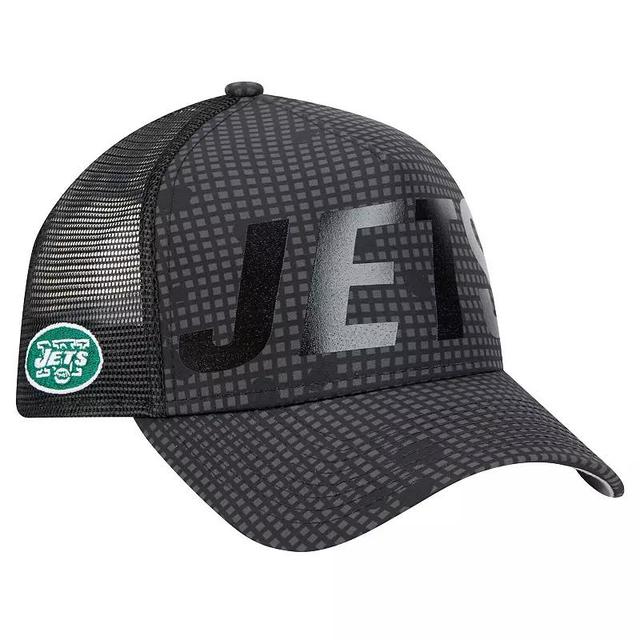 Mens New Era New York Jets Throwback Midnight Ink Tonal Text A-Frame Trucker 9FORTY Adjustable Hat Product Image