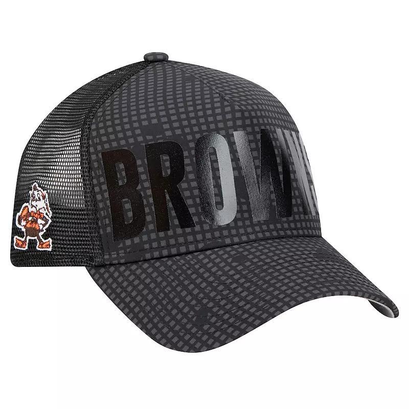 Mens New Era Cleveland Browns Throwback Midnight Ink Tonal Text A-Frame Trucker 9FORTY Adjustable Hat Product Image