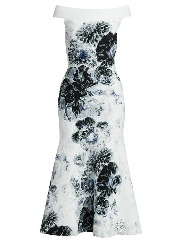 Off-Shoulder Floral Jacquard Midi Dress Product Image