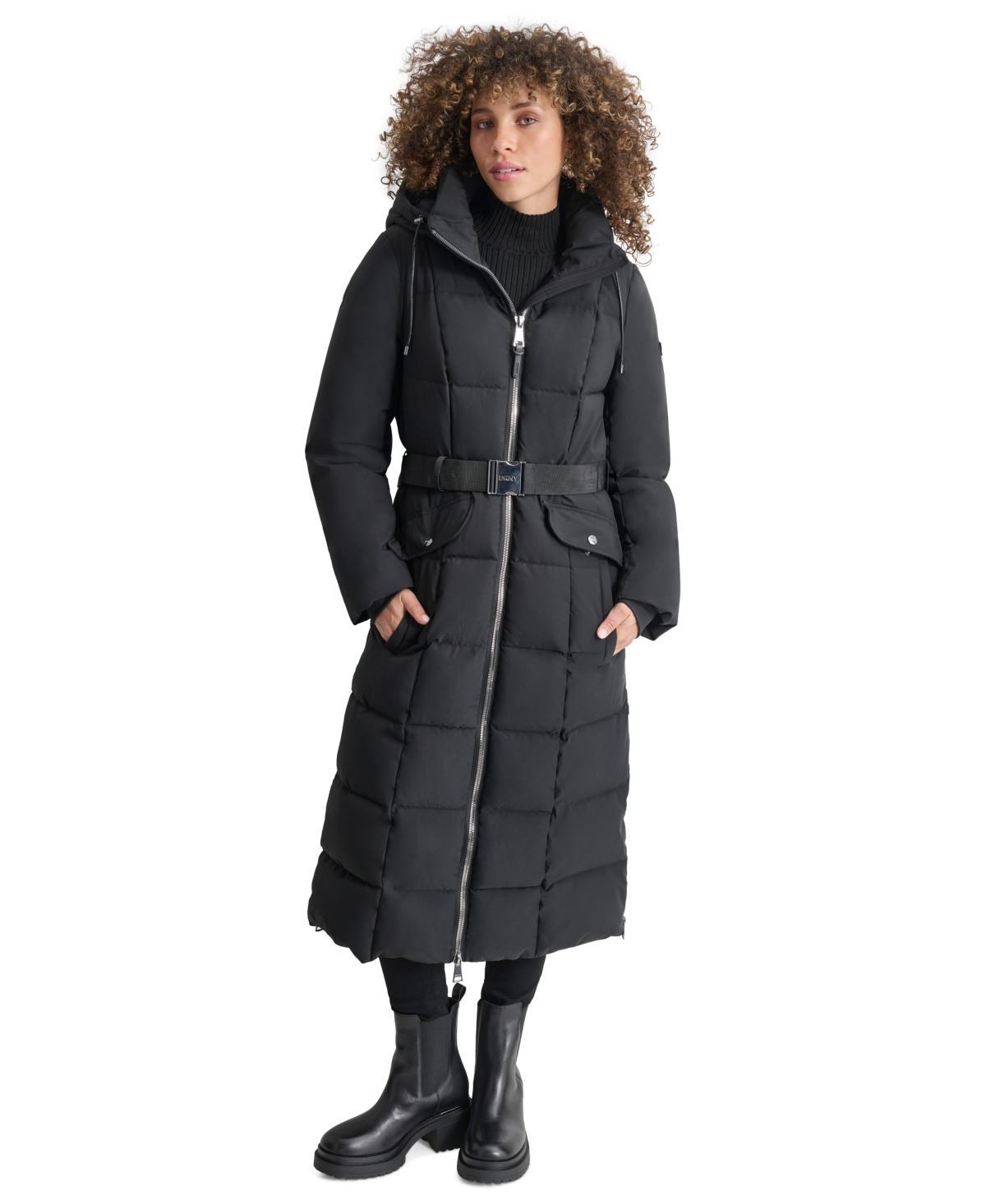 Dkny Womens Maxi Belted Hooded Puffer Coat Product Image