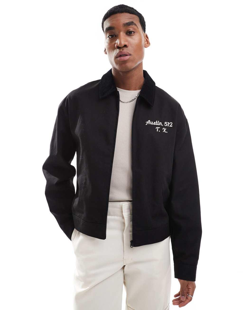 ASOS DESIGN oversized boxy harrington jacket with chest and back embroidery in black Product Image