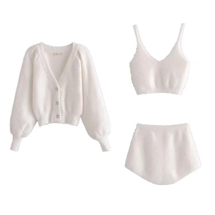 Plain Crop Knit Camisole Top / High Waist Shorts / Button-Up Cardigan / Set Product Image